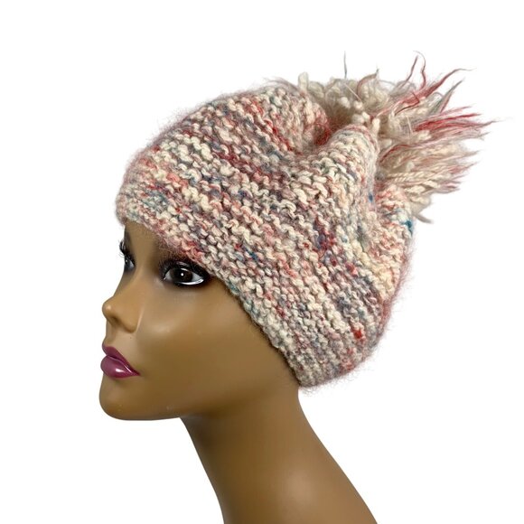 Hand-Knitted Multicolor Pink Wool Blend Beanie w/ Pom PomStretch Fit Womens OS - Picture 5 of 8